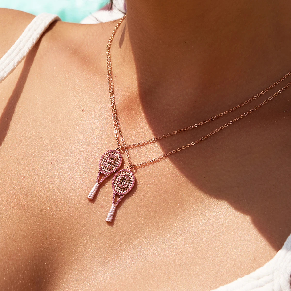 Zircon Letter Tennis Racket Pendant Necklace