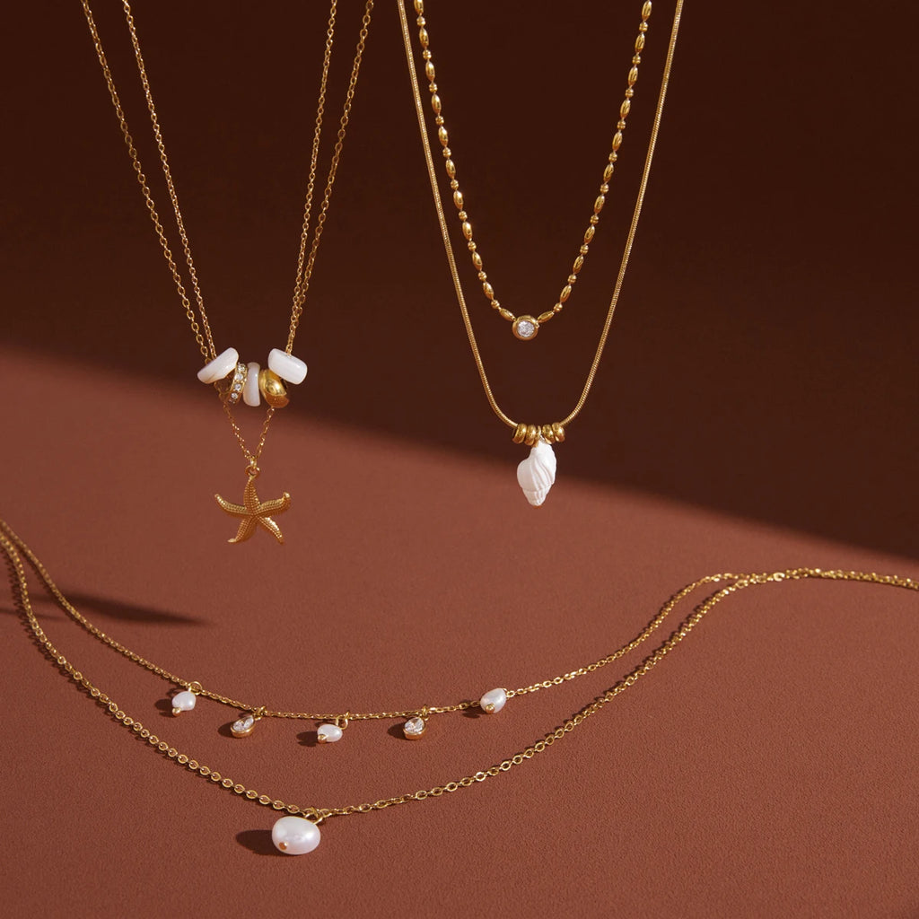 Double-layer Conch Starfish Pearl Peadant Necklace