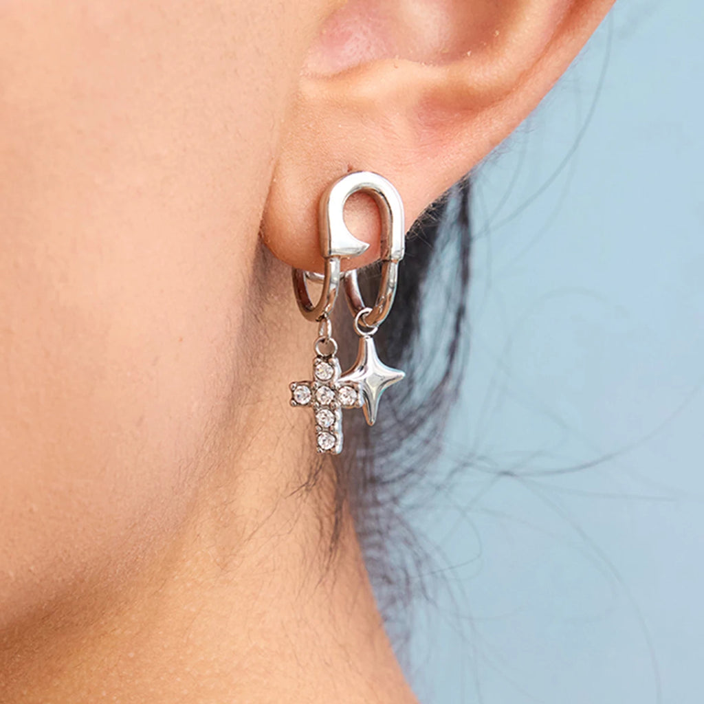 White Zirconia Cross Quadrangle Pendant Dangle Earring