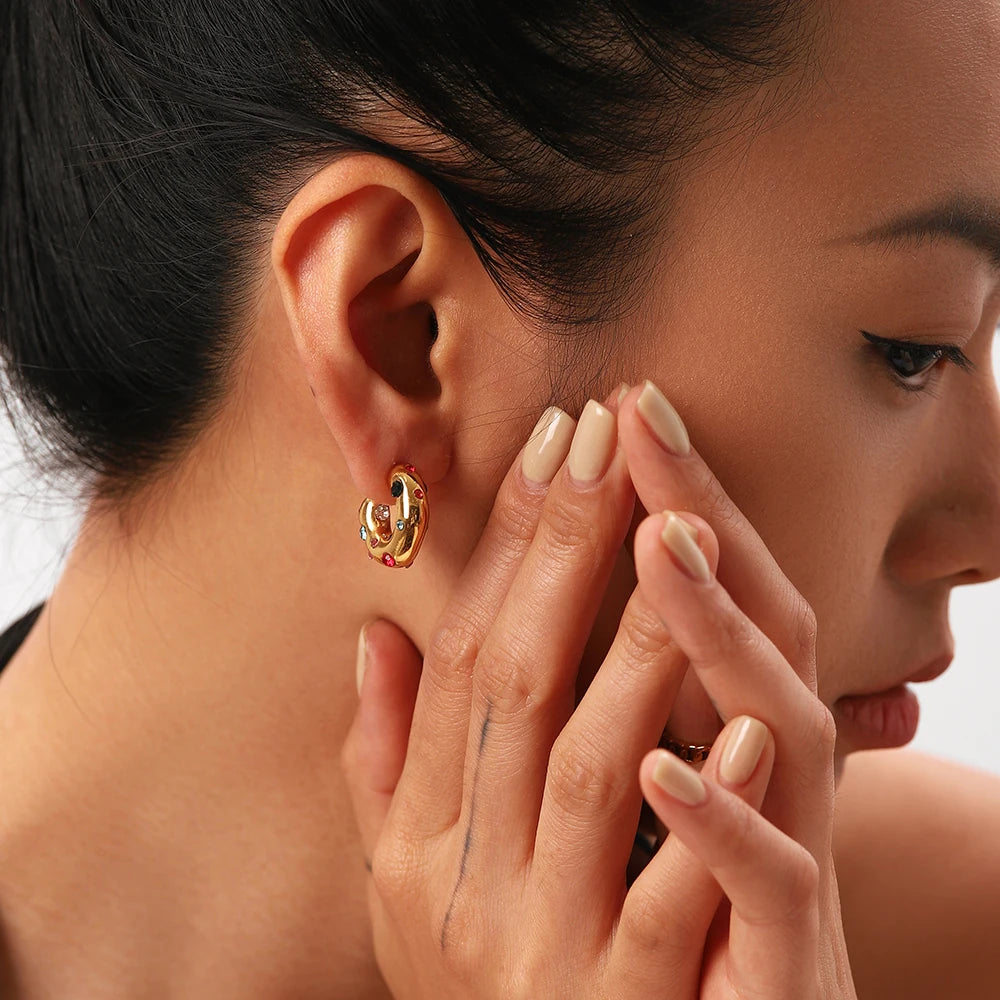 Stainless steel Earrings irregular C shape ear studs 18K Gold Plated Colored Zircon Jewelry For Women Simple Fashion Jewelry Gif
