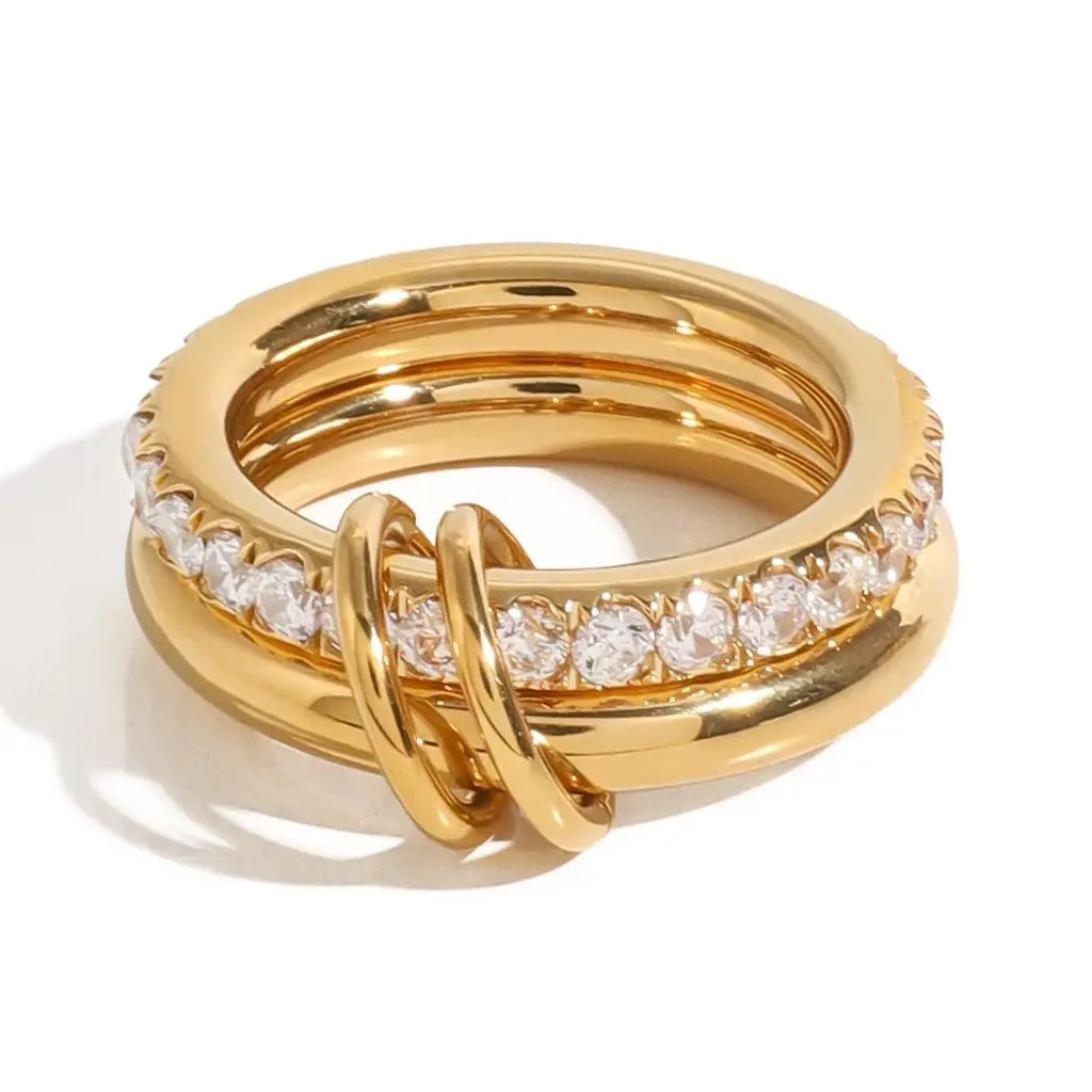 Glossy Shine Stainless Steel White Cubic Zirconia Double Layer Ring