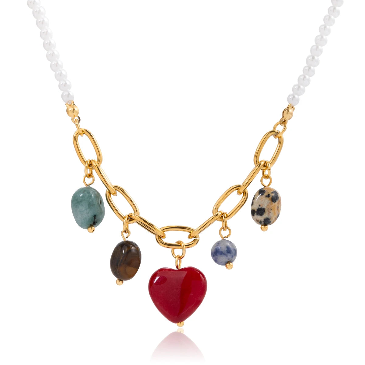 Elegant Pearl Chain Natural Stone Heart Pendant Necklace