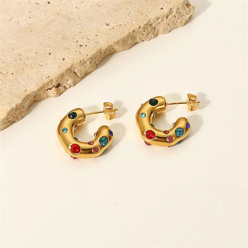 Stainless steel Earrings irregular C shape ear studs 18K Gold Plated Colored Zircon Jewelry For Women Simple Fashion Jewelry Gif