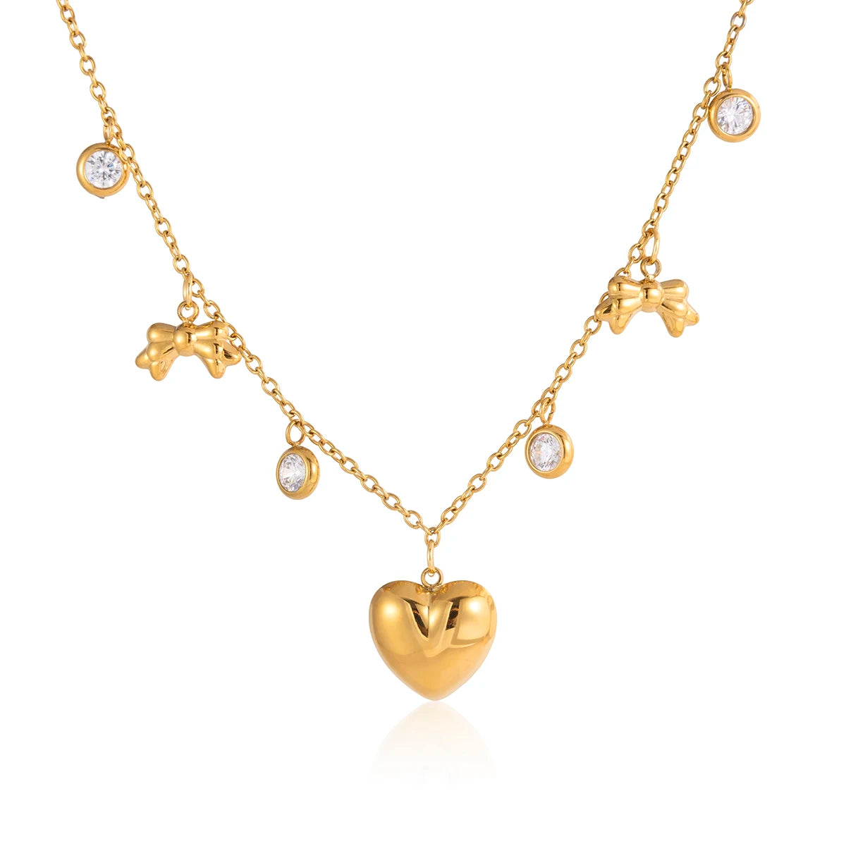 Romantic Heart Bowknot Round Zircon Pendant Necklace