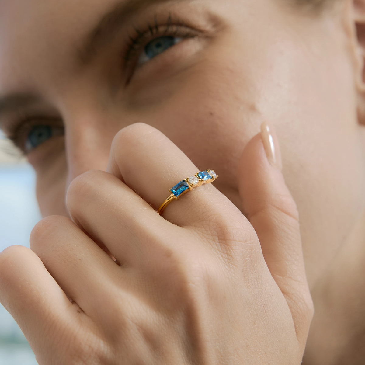 Blue White Geometric Zircon Ring