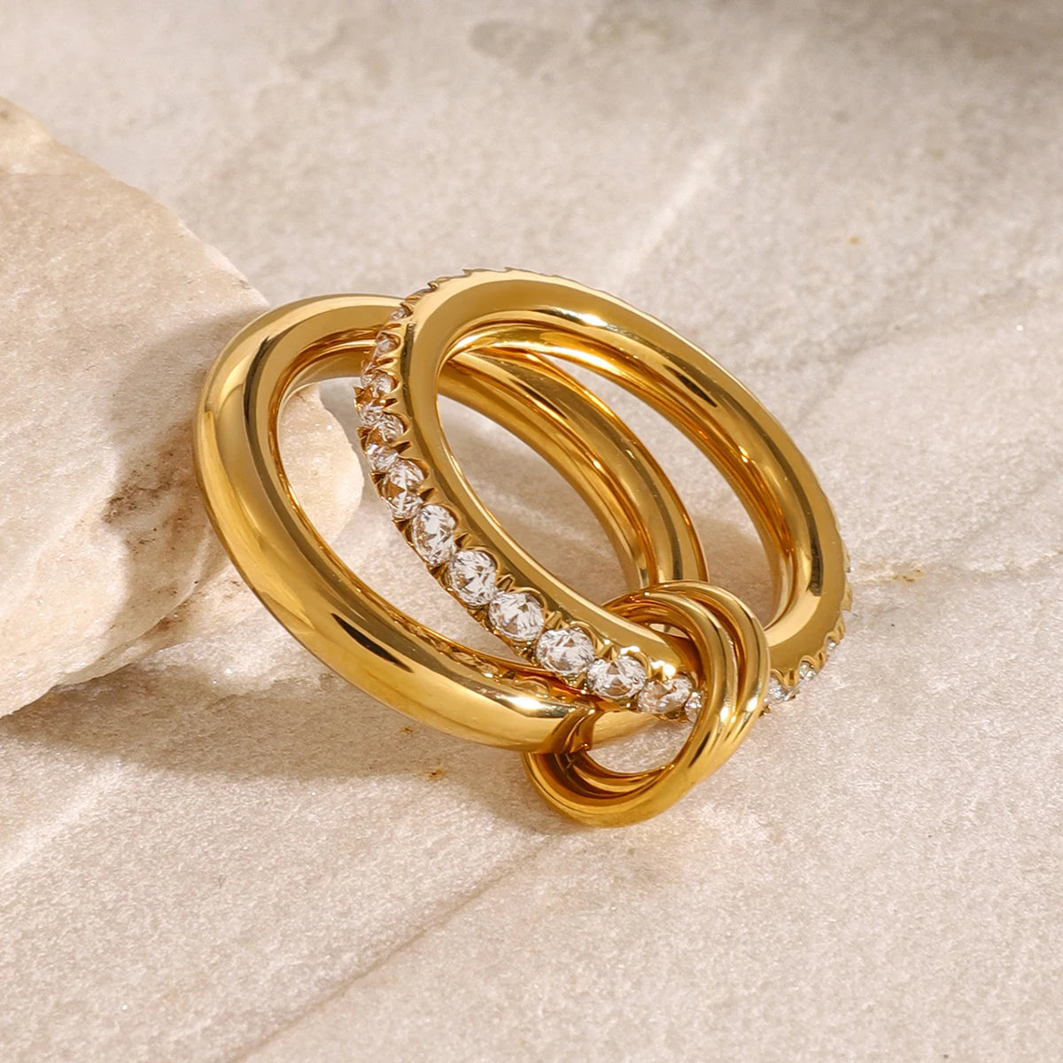 Glossy Shine Stainless Steel White Cubic Zirconia Double Layer Ring