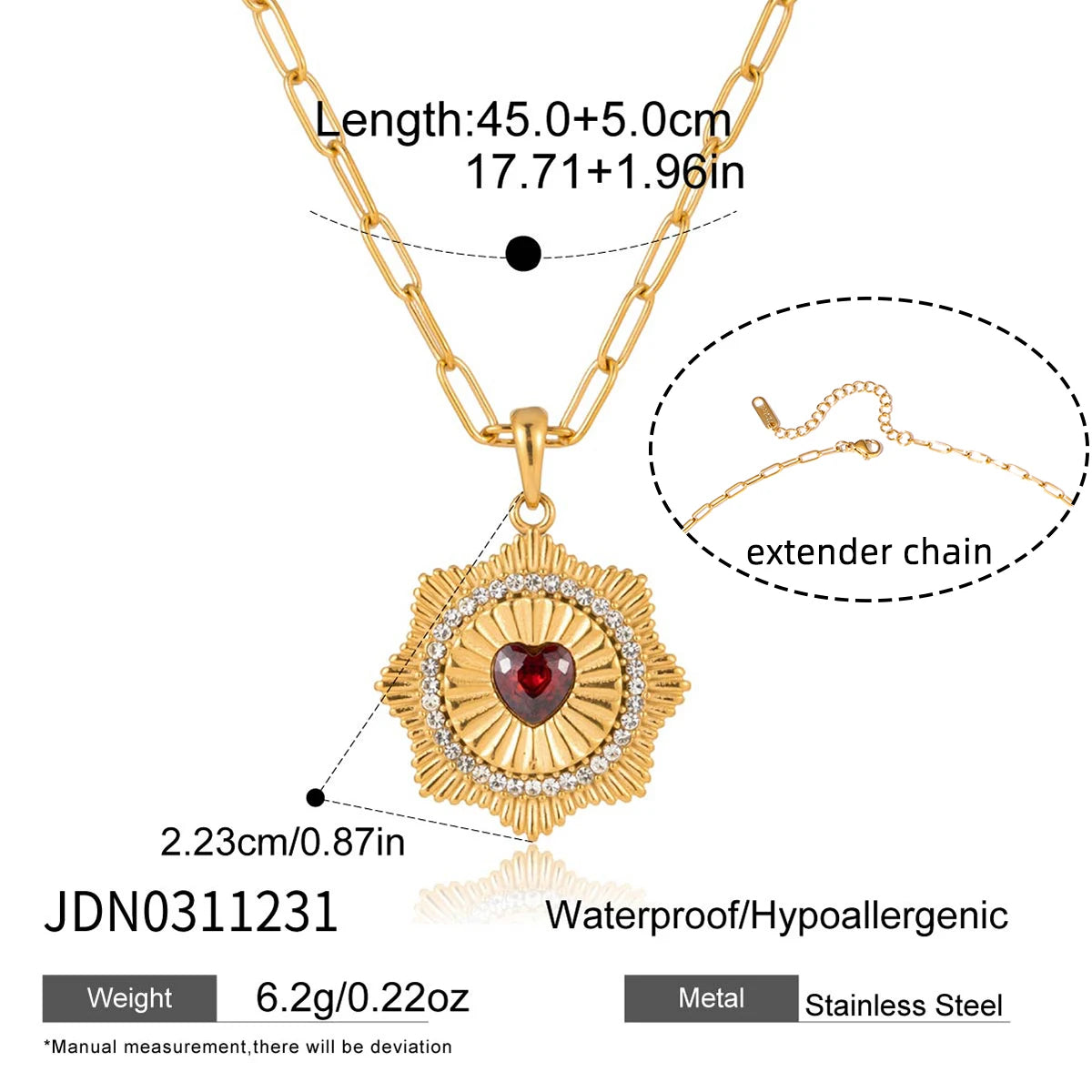 Red Zircon White Crystal Heart Pendant Necklace