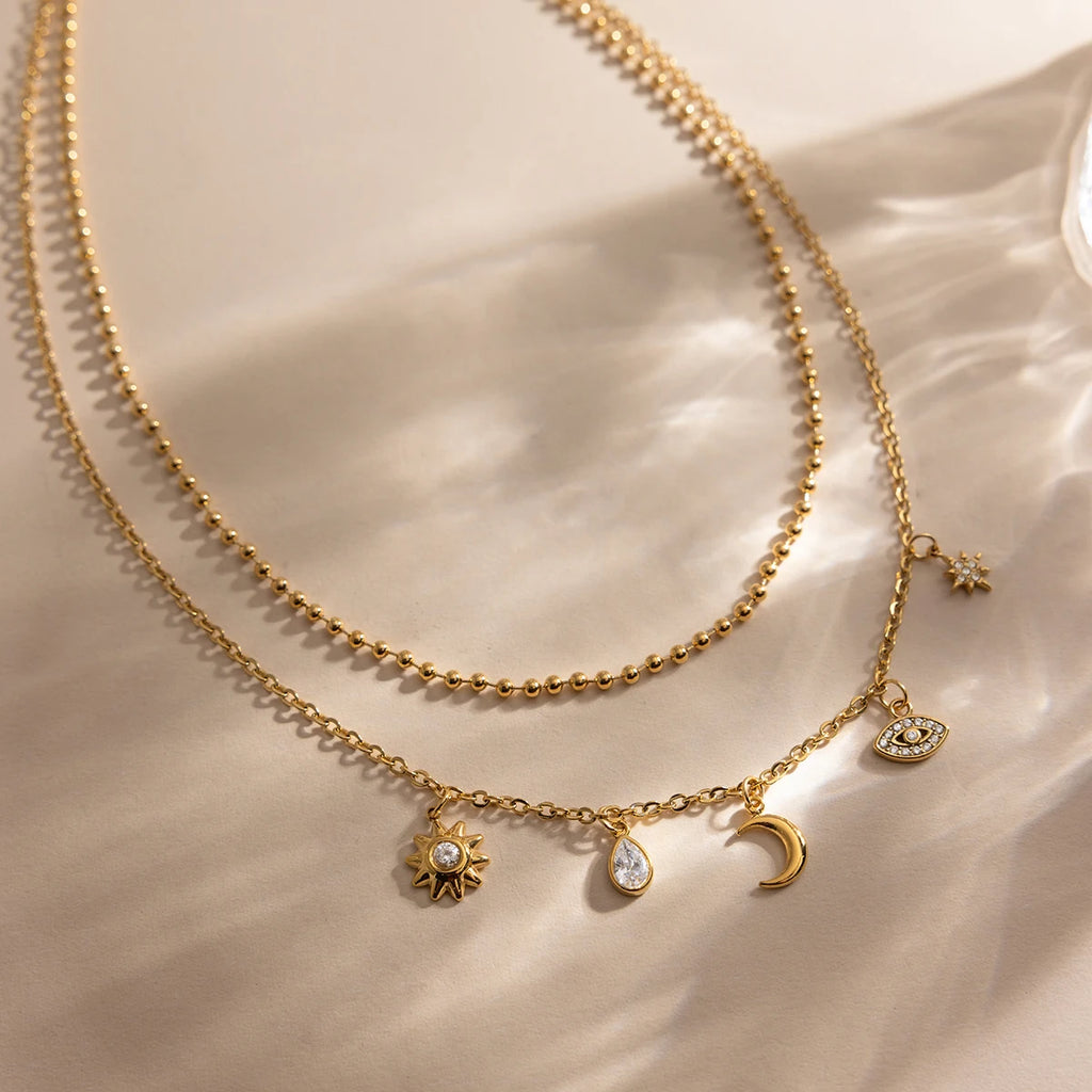 Water Drop Sun Star Evil Eye Pendant Necklace