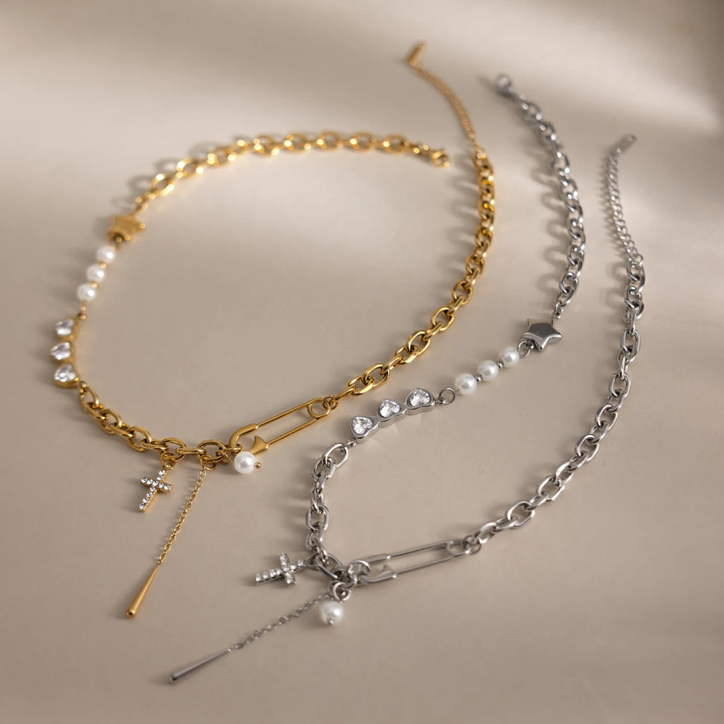 Minimalist Heart Cross Pearl Waterproof Necklace