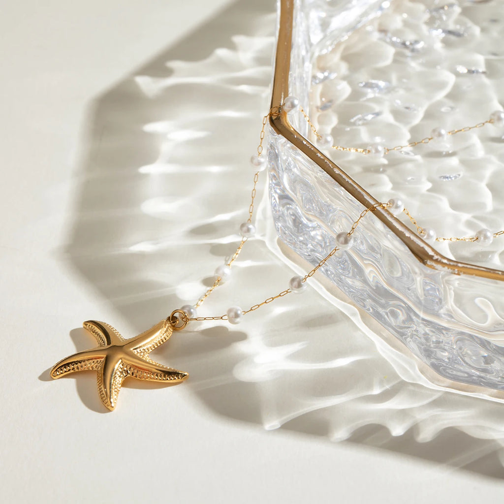 Patterned Starfish Imitation Pearl Necklace And Ring
