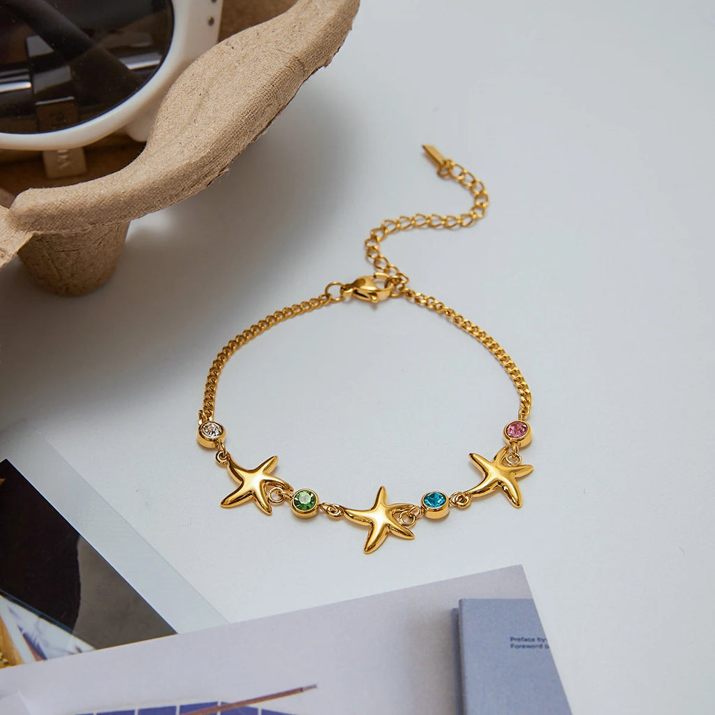 Color Zirconia Starfish Charm Bracelet