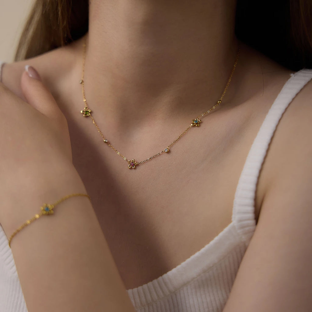 Colorful Zircon Flower Bracelet And Necklace Set