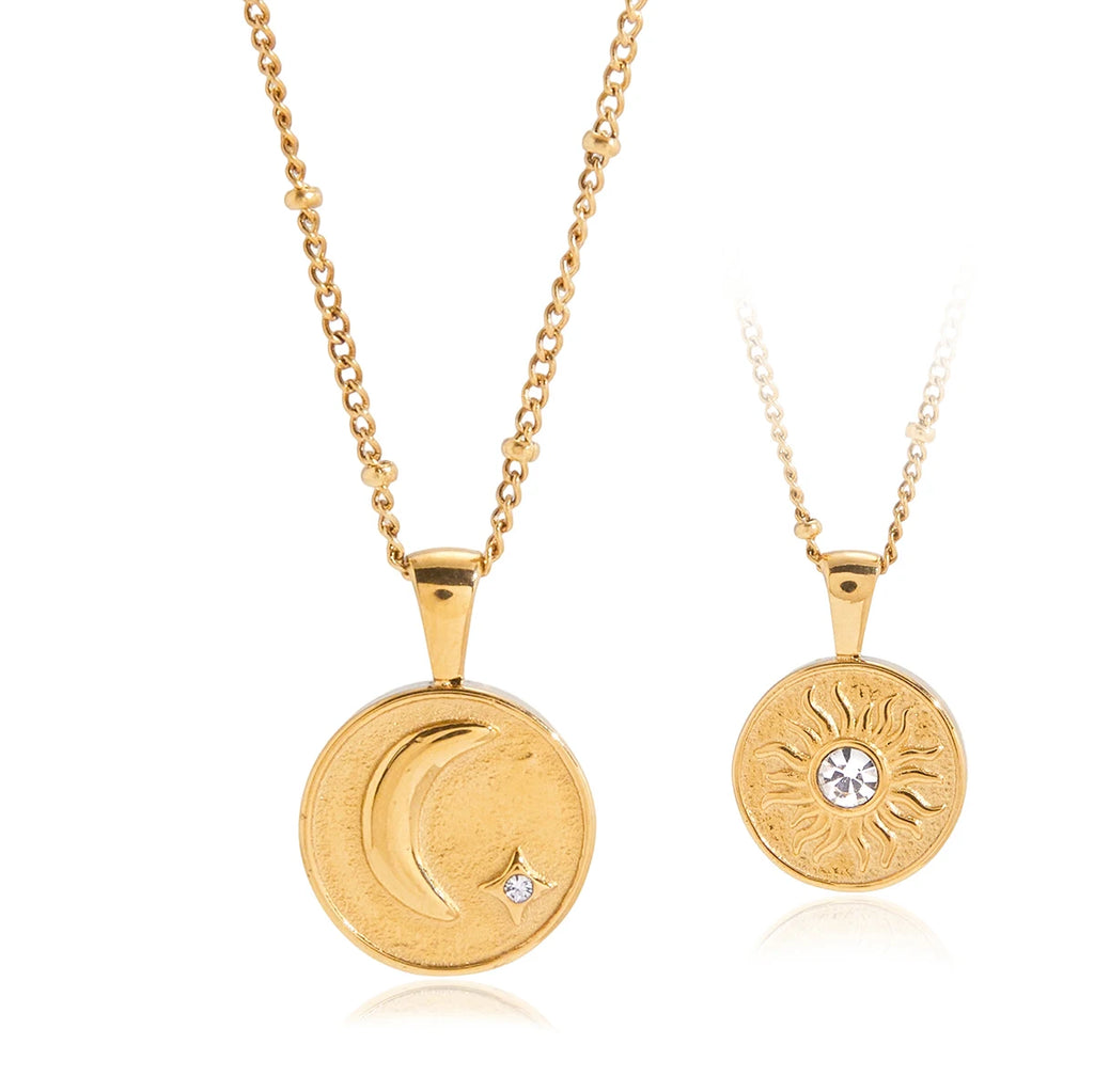 Moon Star Sun Double Side Pendant Necklace