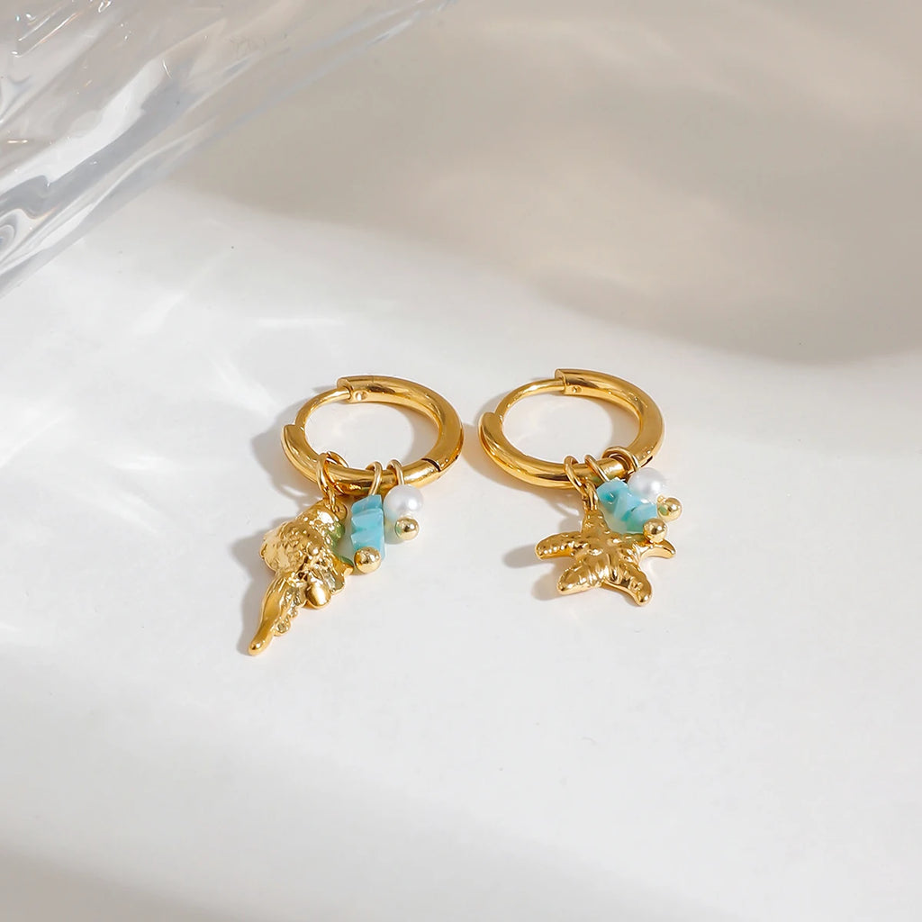 Pearl Hammer Pattern Starfish Conch Drop Earrings