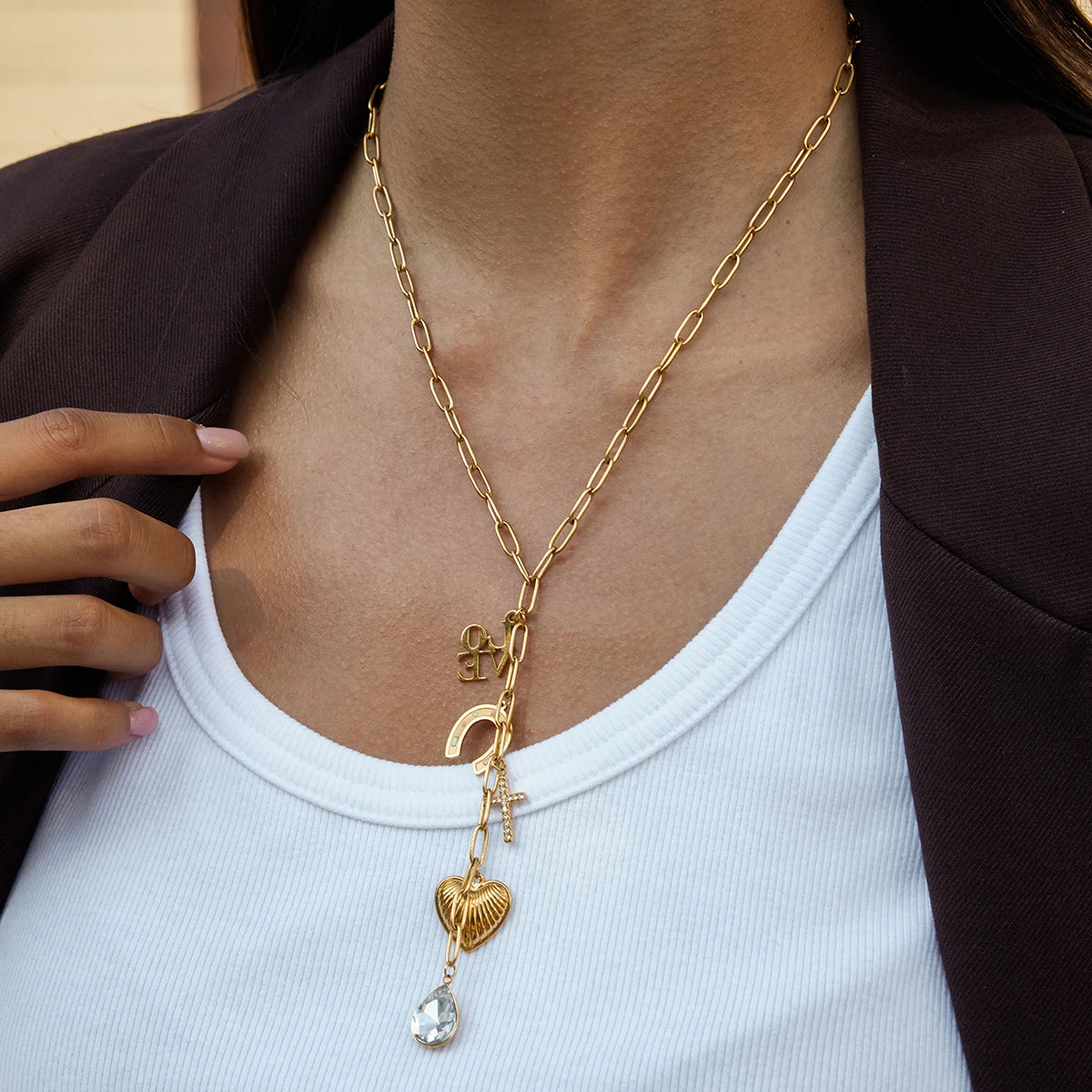 White Zirconia Cross Pendant Y-Shaped Chain Necklace
