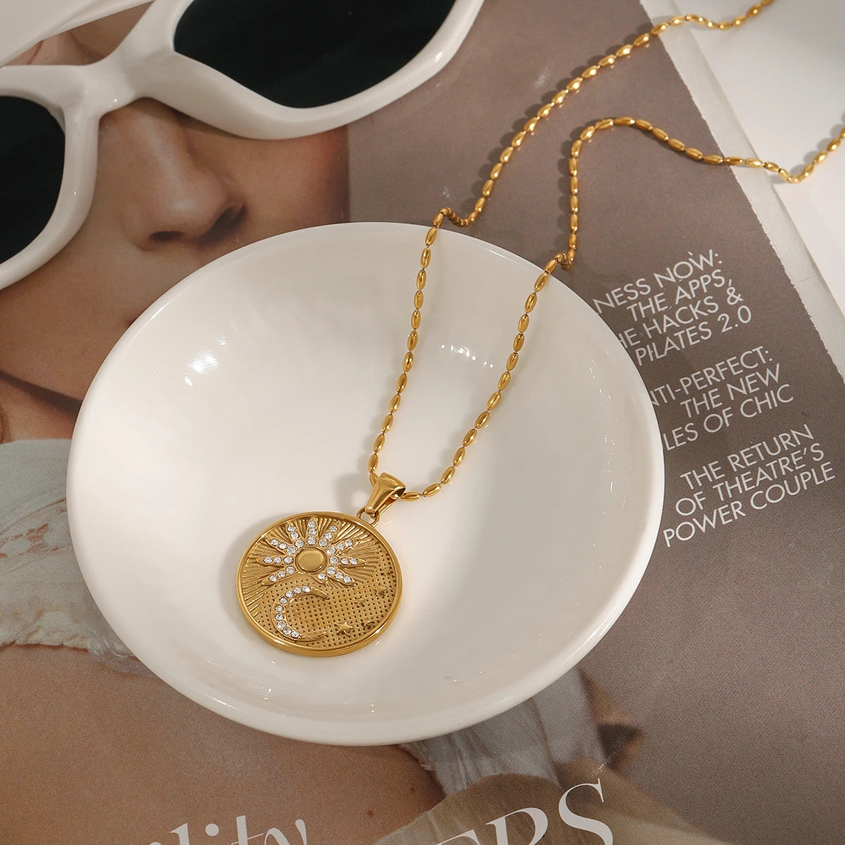 Classic Retro Gold Plated Stainless Steel White Zircon Sun Moon Star Circle Pendant Necklace