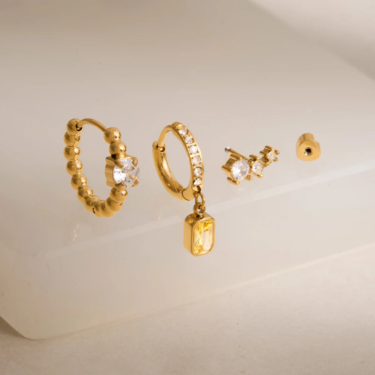 3pcs/set Yellow Square Zircon Stainless Steel Earring