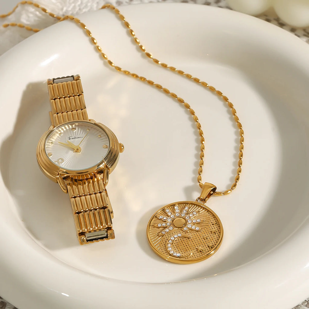 Classic Retro Gold Plated Stainless Steel White Zircon Sun Moon Star Circle Pendant Necklace