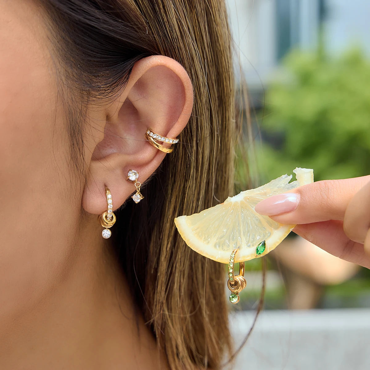 Delicate White Green Crystal Clip Earrings