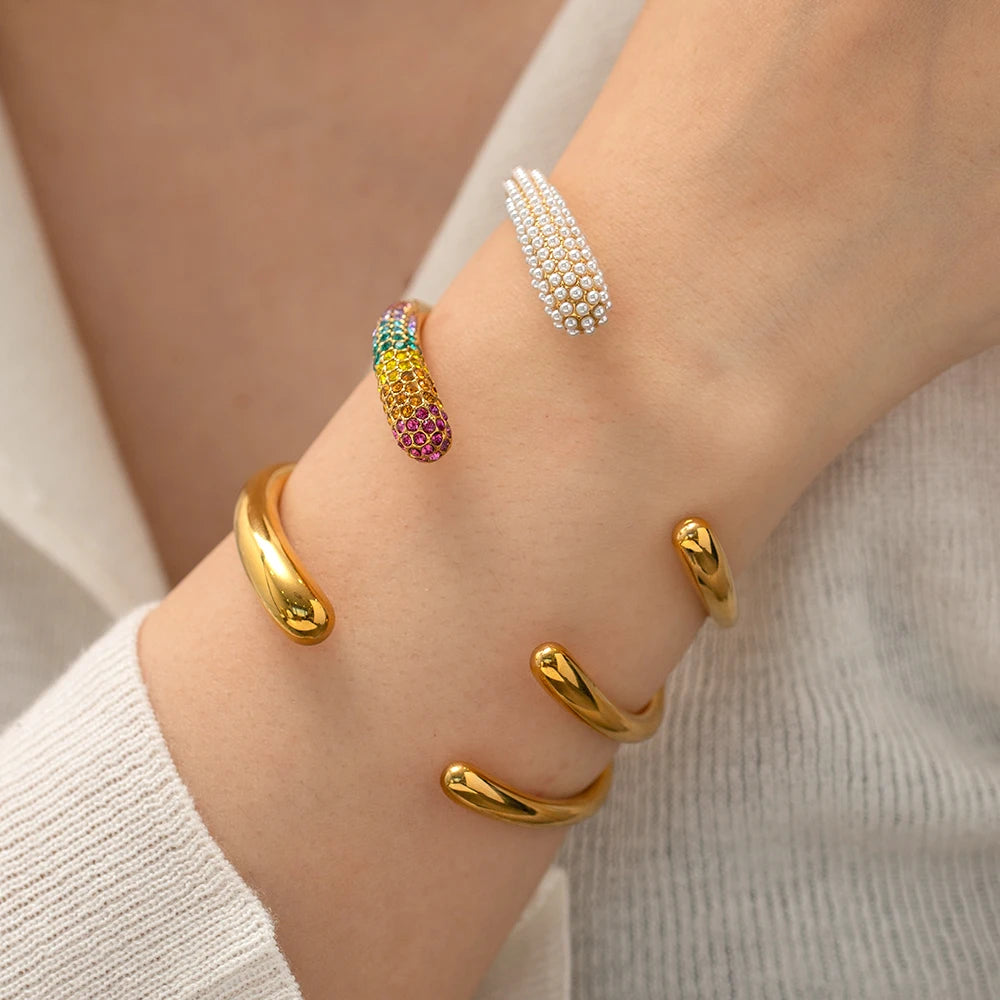 Luxury Colorful Cubic Zirconia Pearl Stainless Steel Cuff Bracelet
