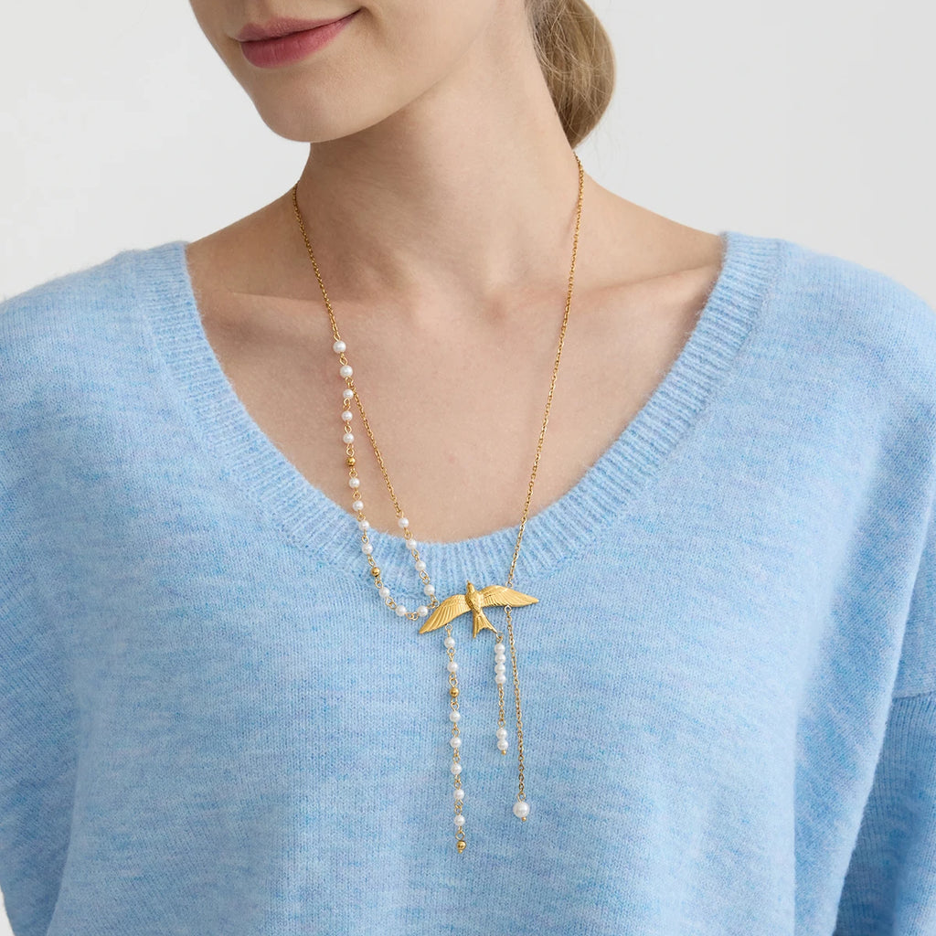 Elegant Swallow Pendant Pearl Tassel Necklace