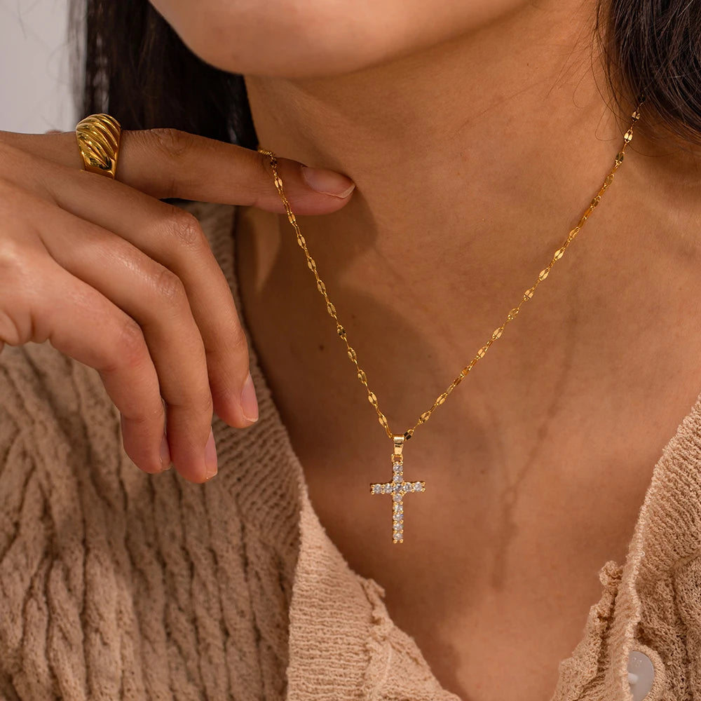 White Cubic Zirconia Cross Pendant Necklace