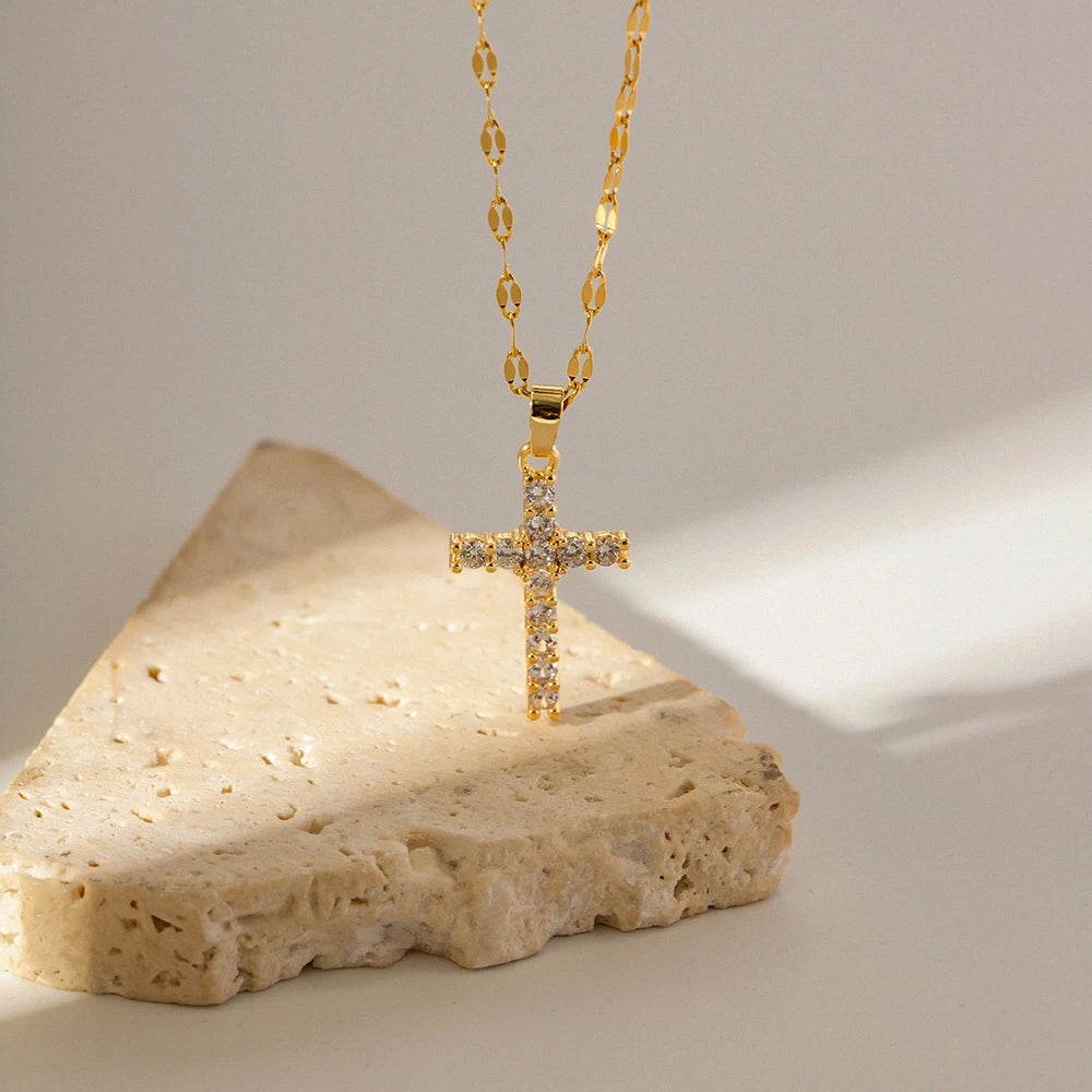 White Cubic Zirconia Cross Pendant Necklace