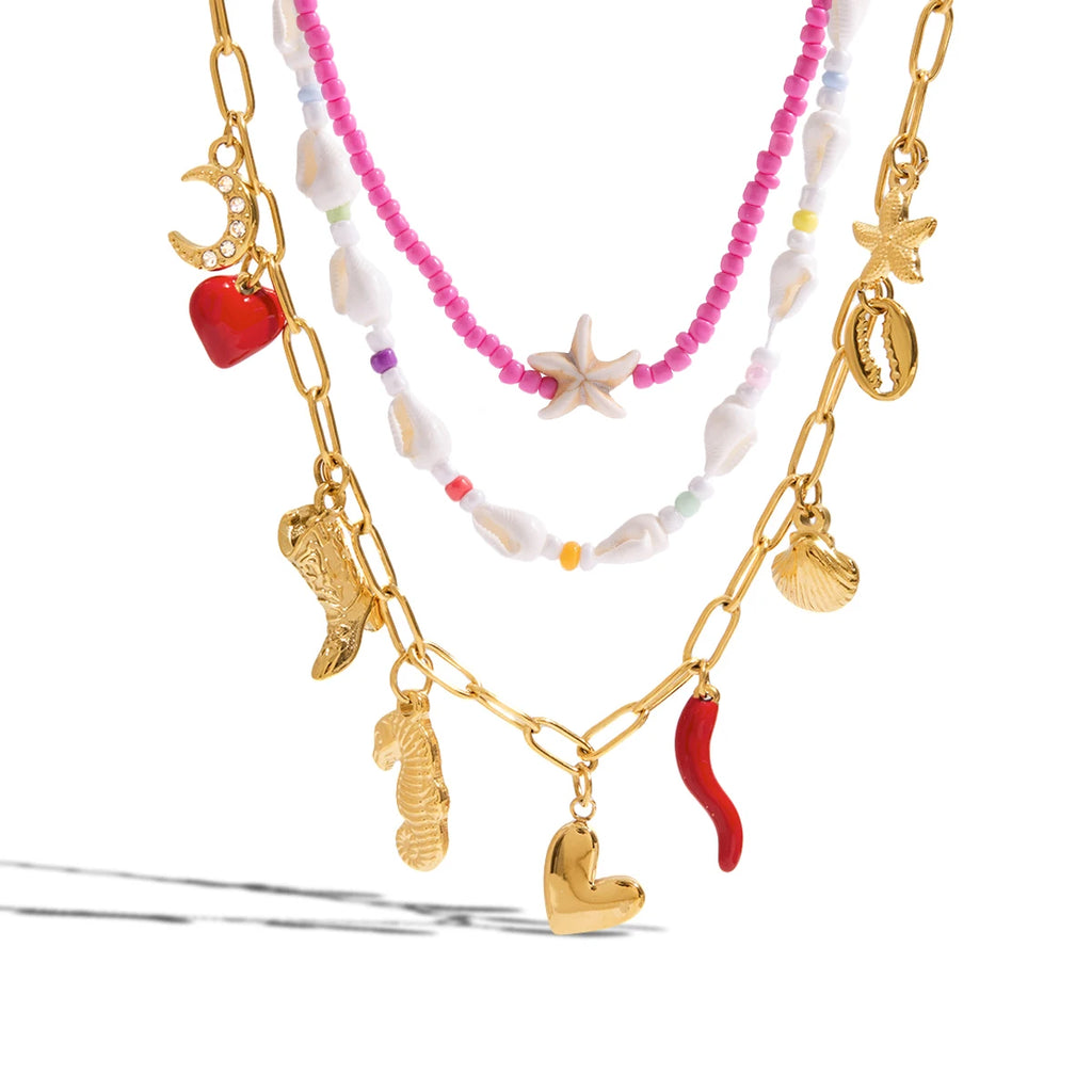 Bohemian Minimalist Geometric Starfish Pink Beads Necklace