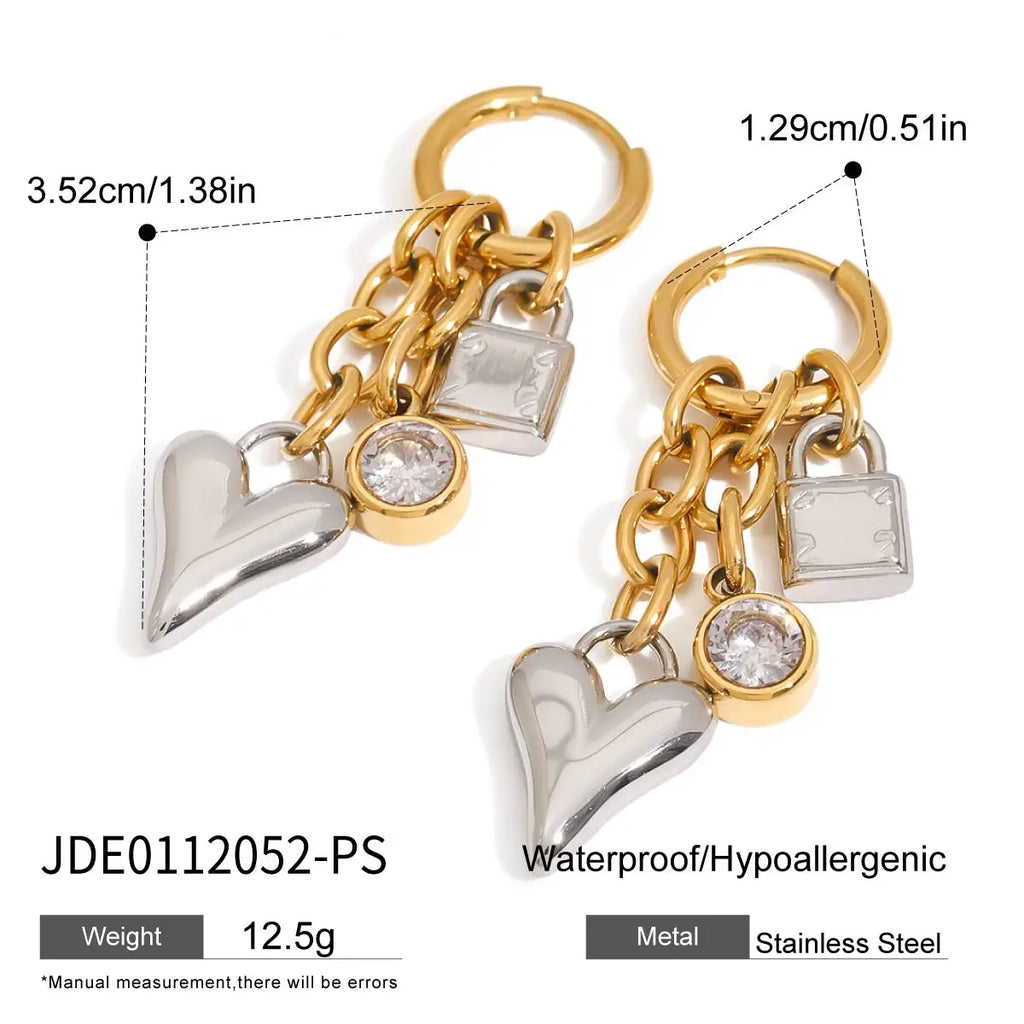 Minimalist Gold&Silver White Zircon Love Heart Lock Pendant Earrings