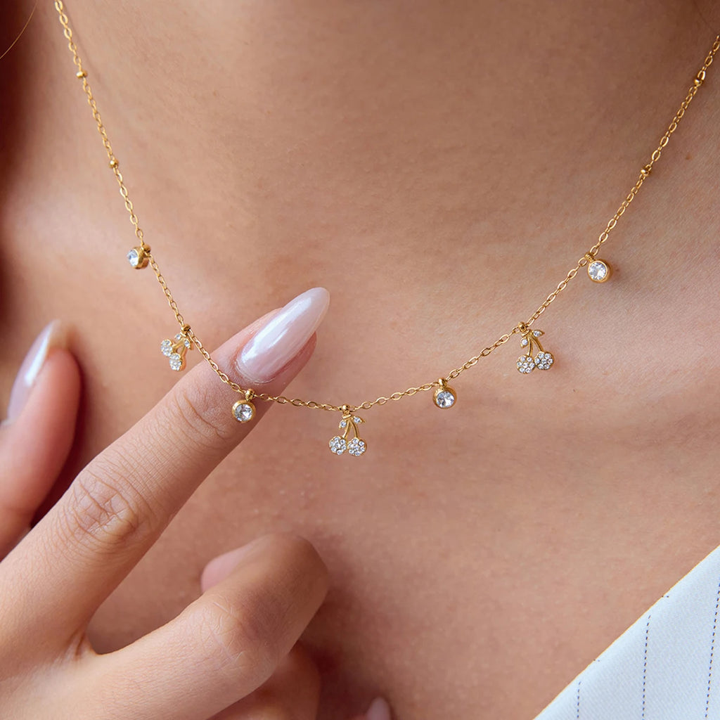 White Rhinestones Cherry Pendant Necklace