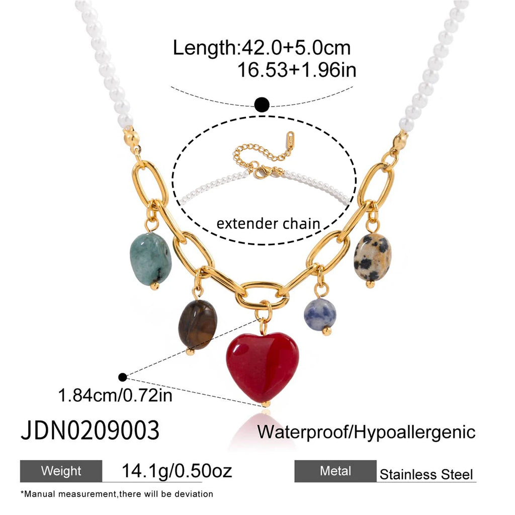 Elegant Pearl Chain Natural Stone Heart Pendant Necklace