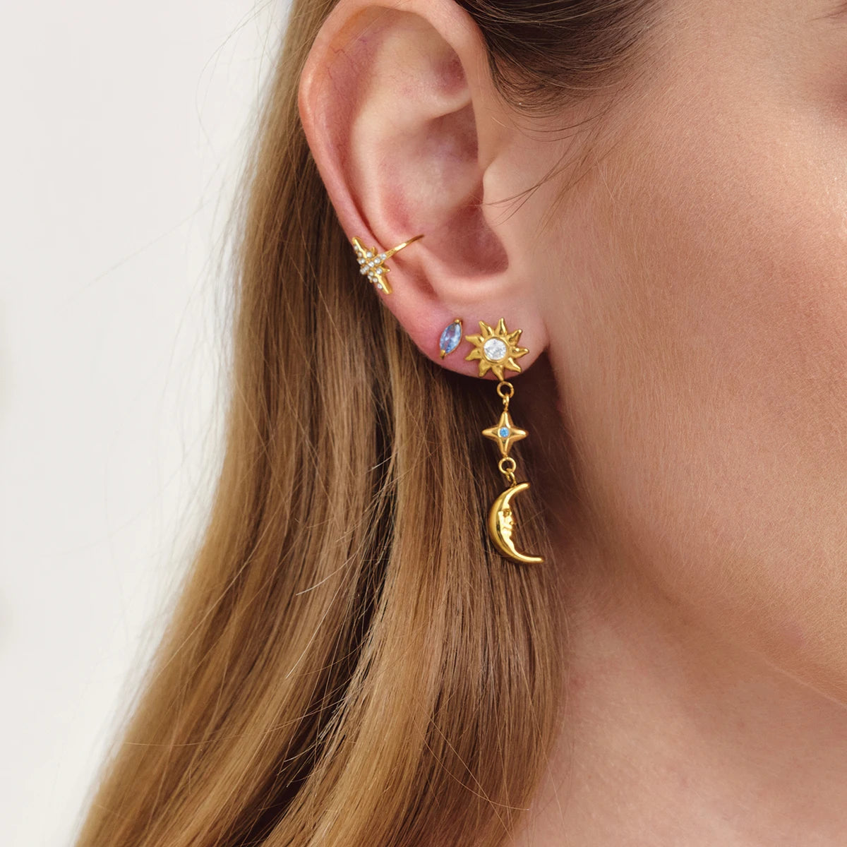 Classic Blue White Zircon Sun Moon Star Earrings