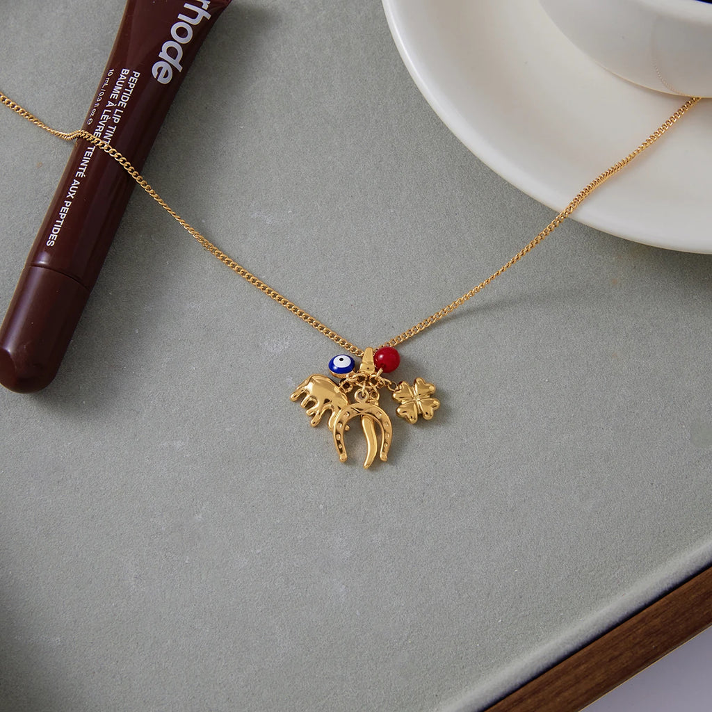 Horseshoe Elephant Evil Eye Pendant Necklace