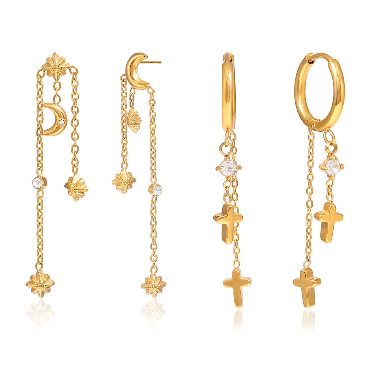 Classic Moon Star Cross Pendant Tassel Earrings