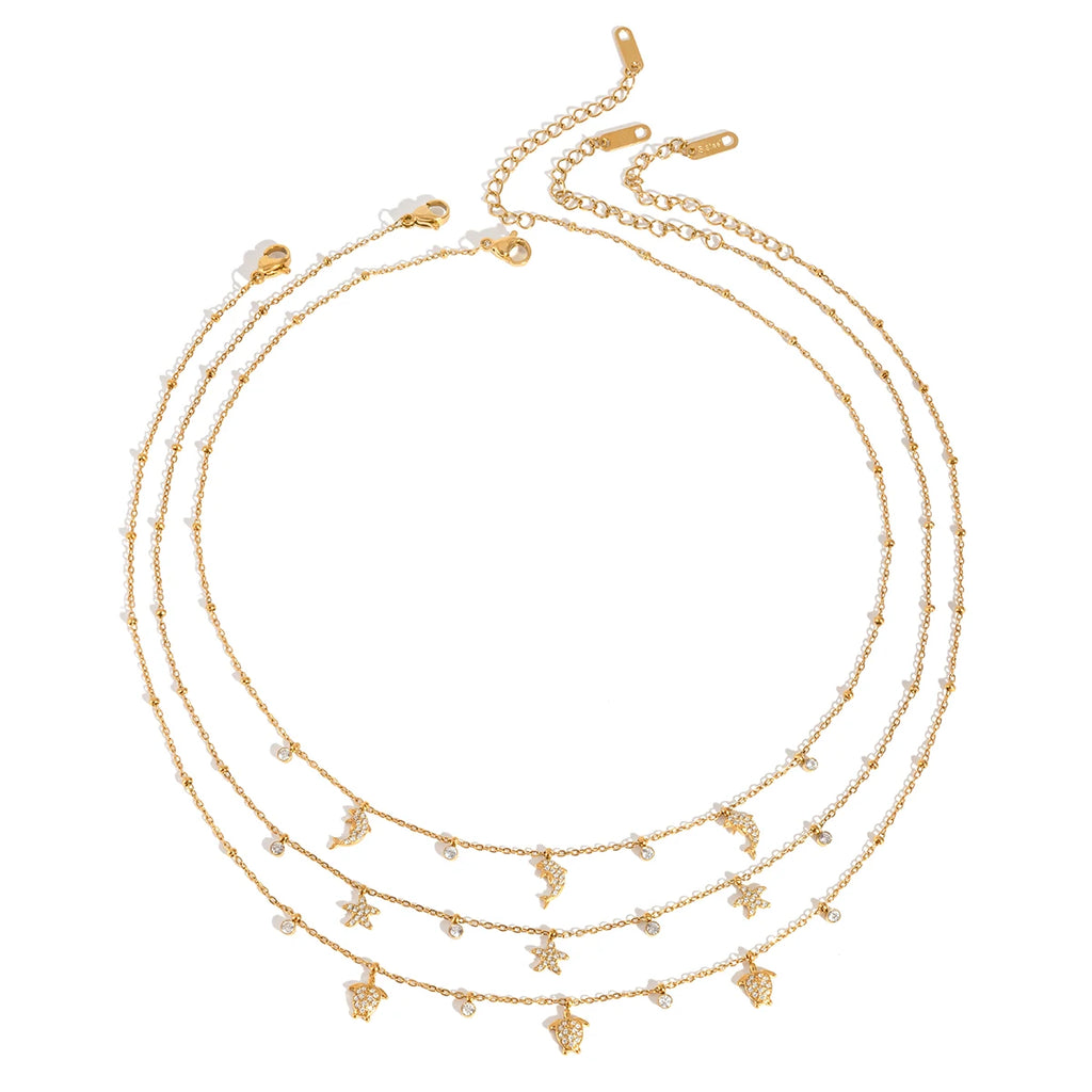 Delicate Crystal Starfish Turtle Dolphin Pendant Necklace