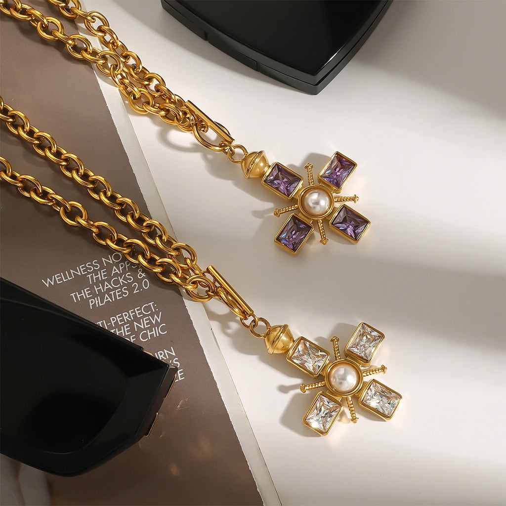 Rhinestone Pearl Cross Pendant Necklace