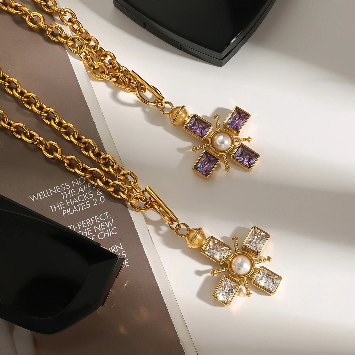 Rhinestone Pearl Cross Pendant Necklace