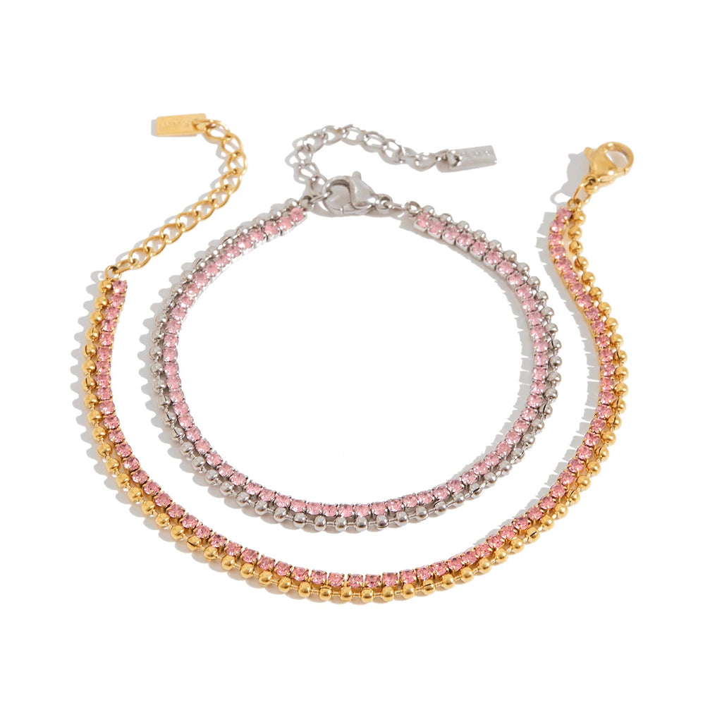 Pink Rhinestones Double Layers Chain Bracelet