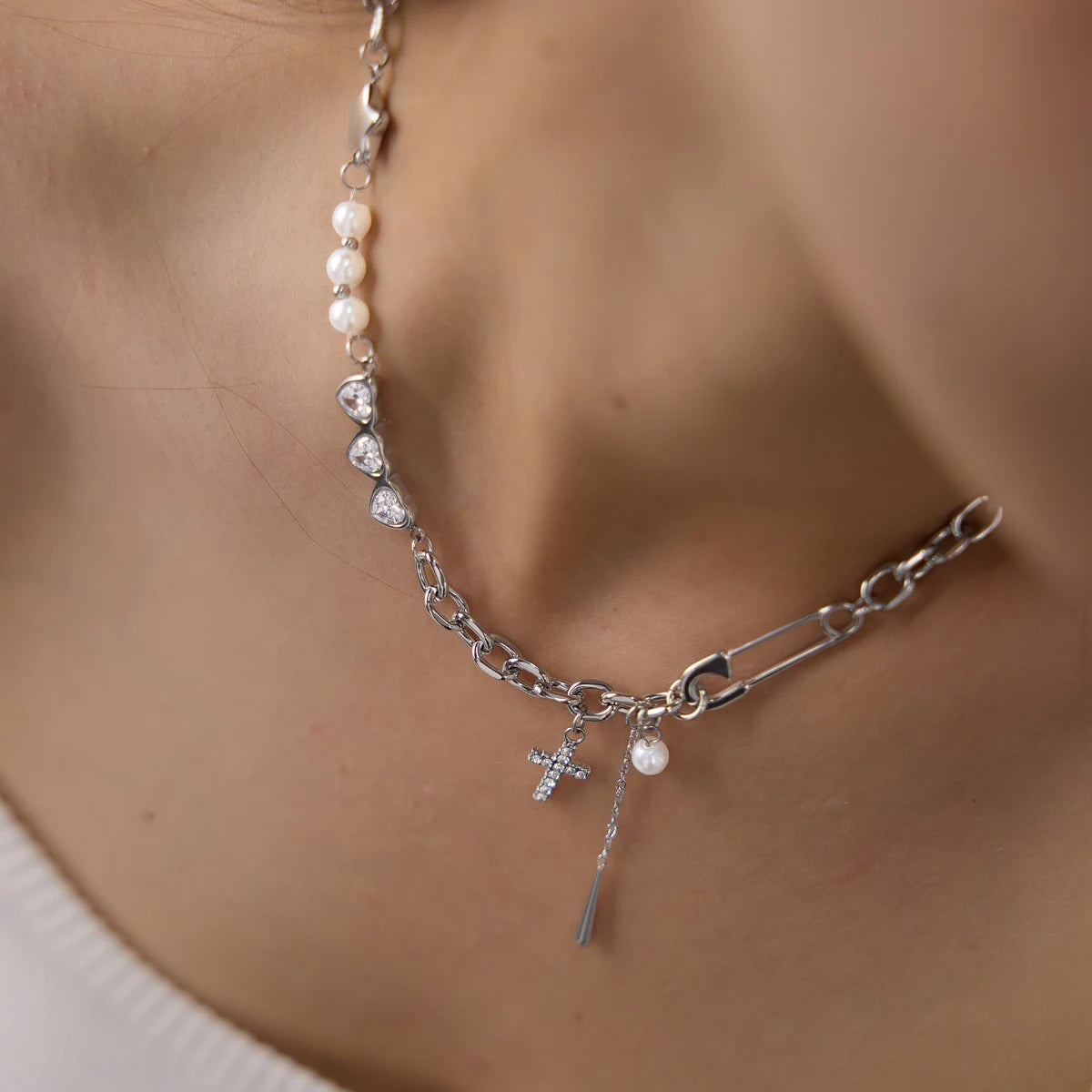 Minimalist Heart Cross Pearl Waterproof Necklace