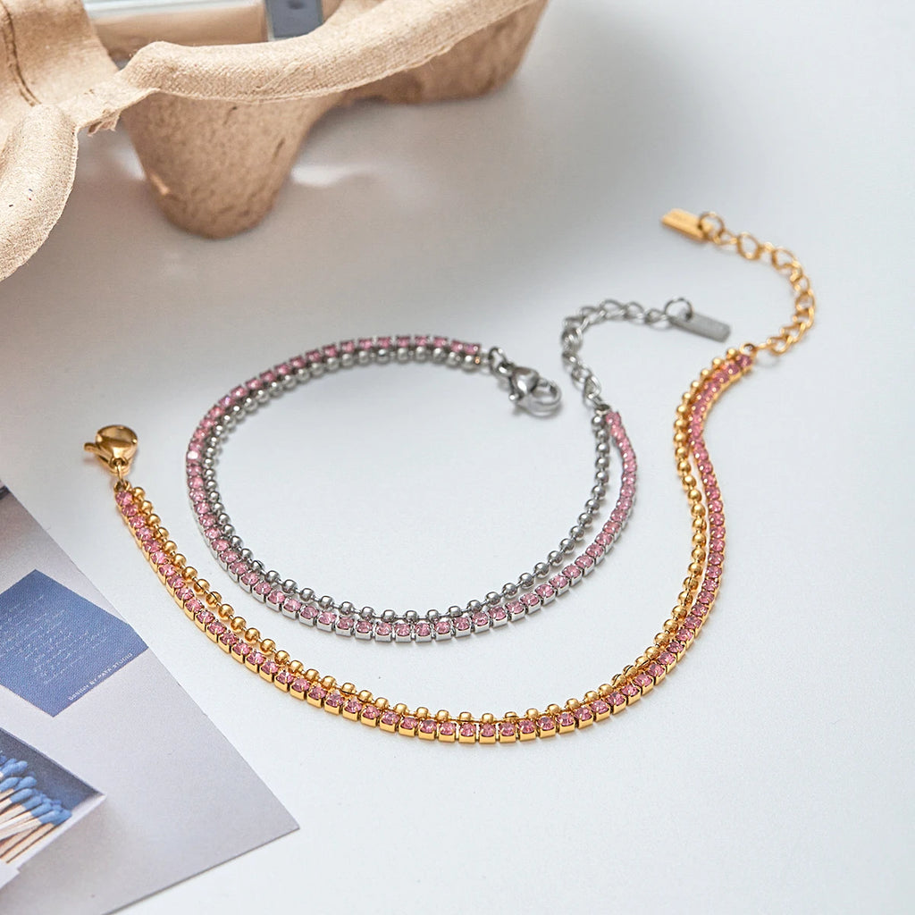 Pink Rhinestones Double Layers Chain Bracelet