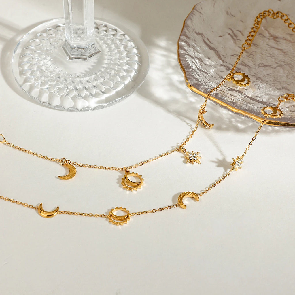 Diamonds Star & Moon Charms Drop Bracelet