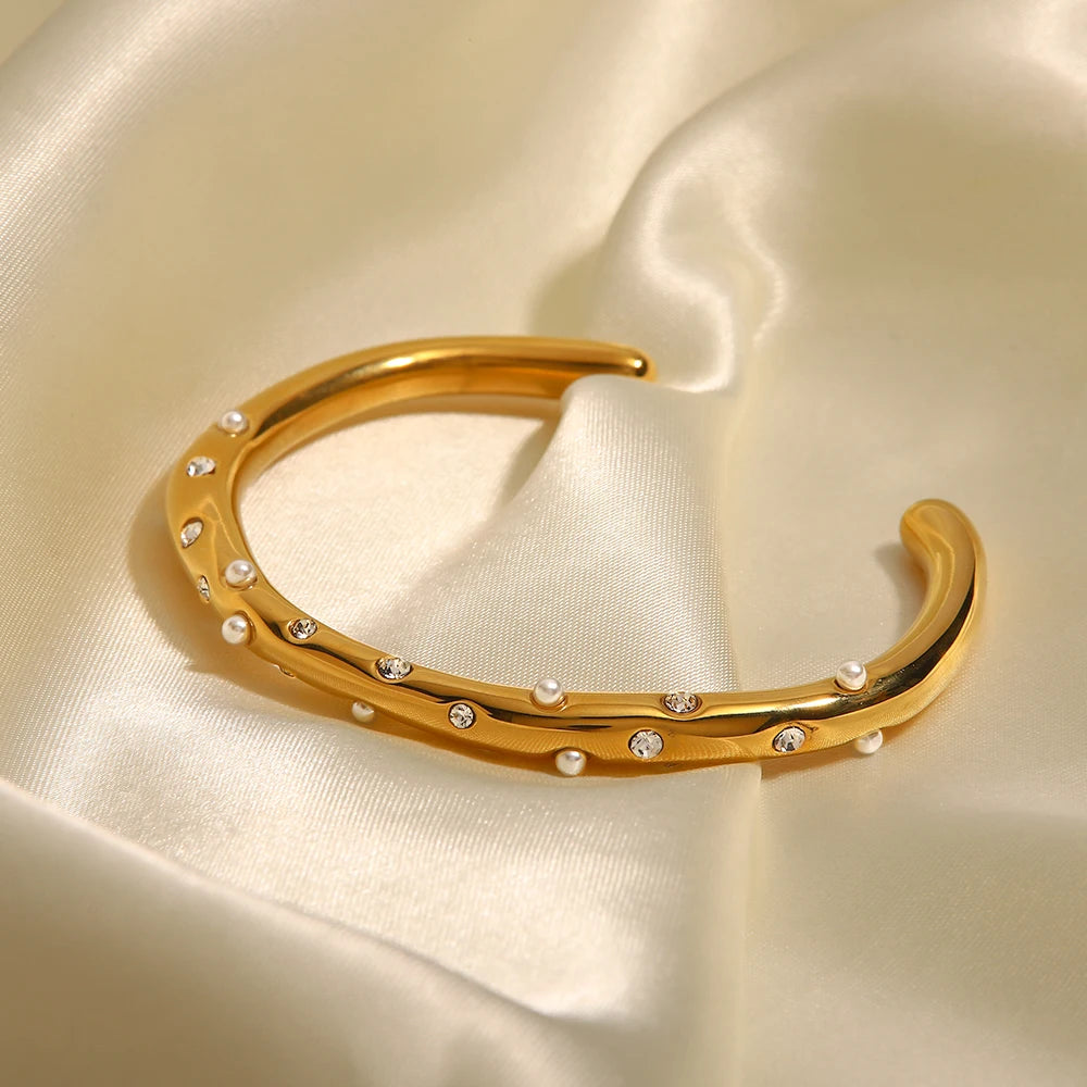 Stainless Steel Pearl Cubic Zirconia Geometric Open Cuff Bracelet