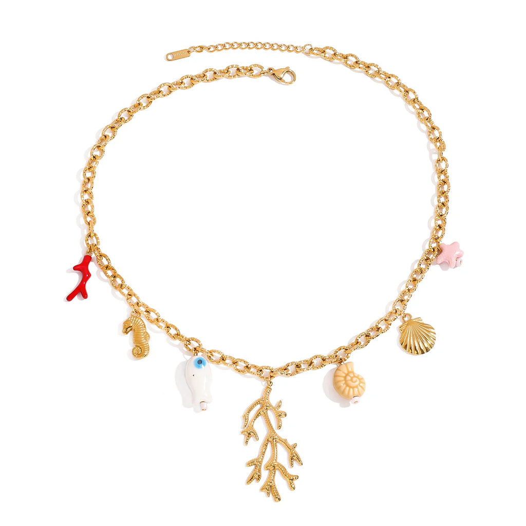 Coral Ceramic Shells Charm Pendant Necklace