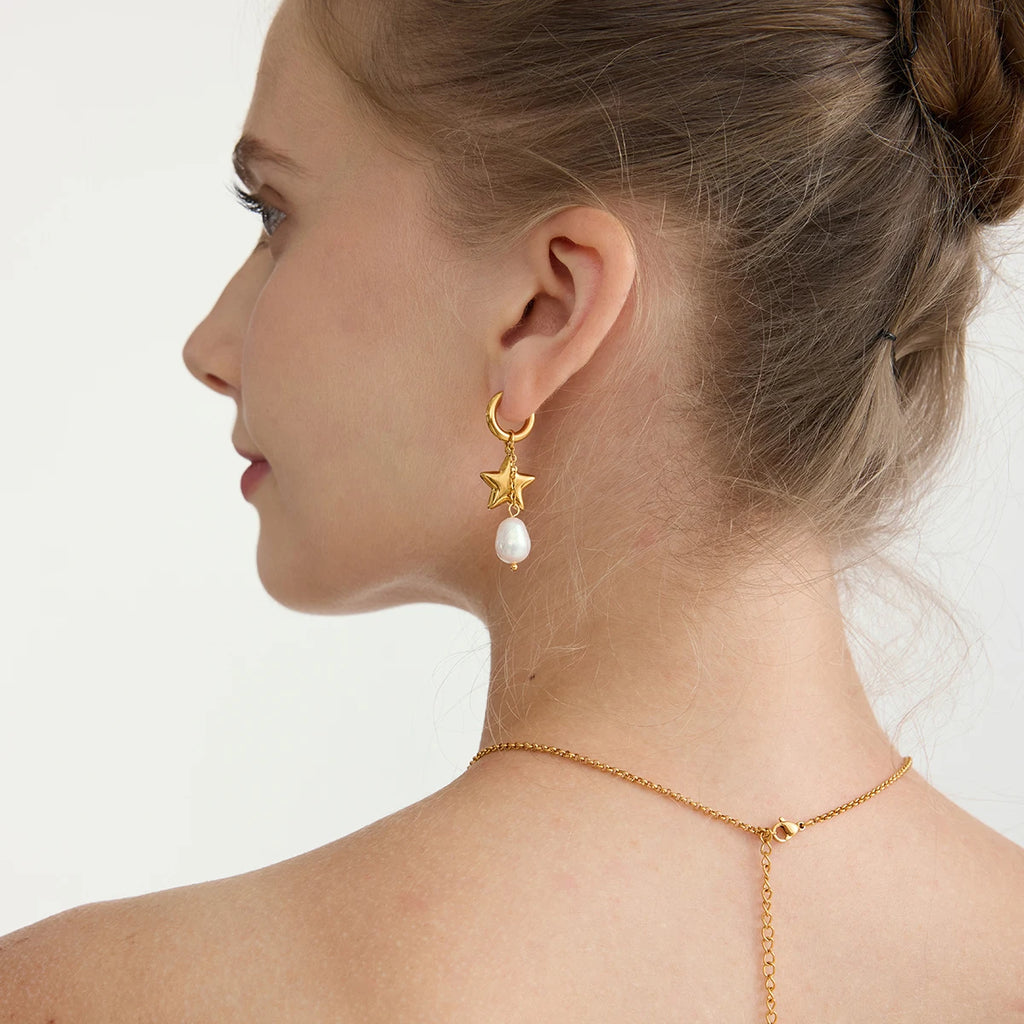 Elegant Star Freshwater Pearl Drop Earrings