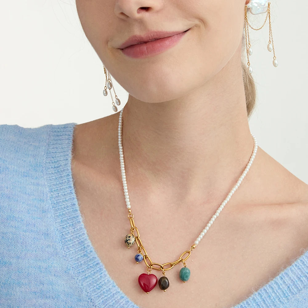 Elegant Pearl Chain Natural Stone Heart Pendant Necklace