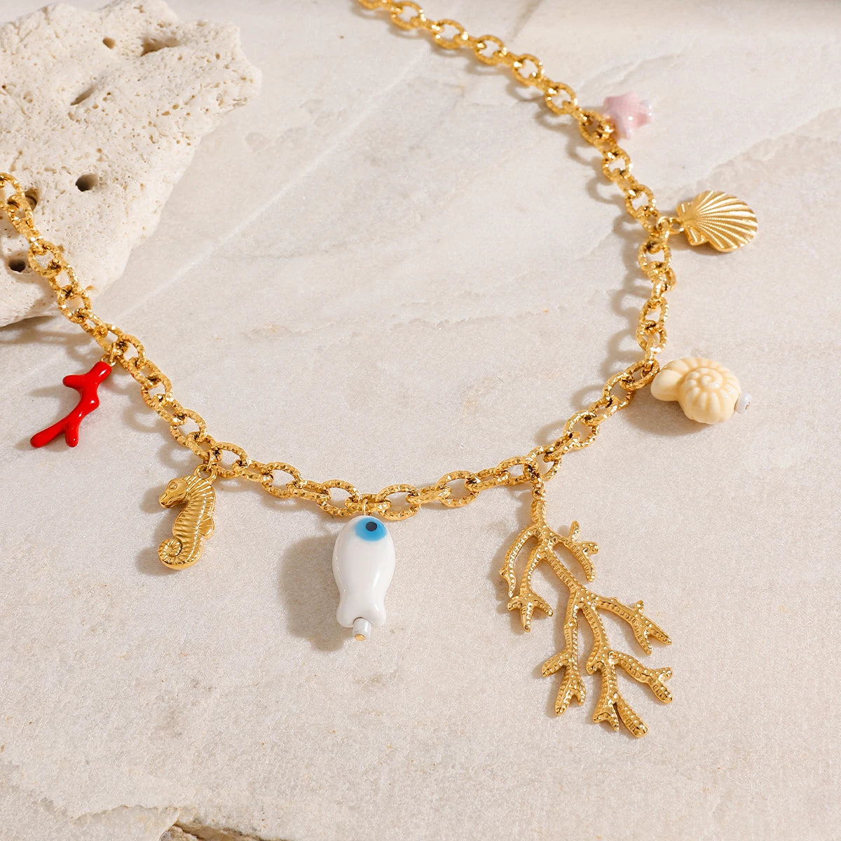 Coral Ceramic Shells Charm Pendant Necklace