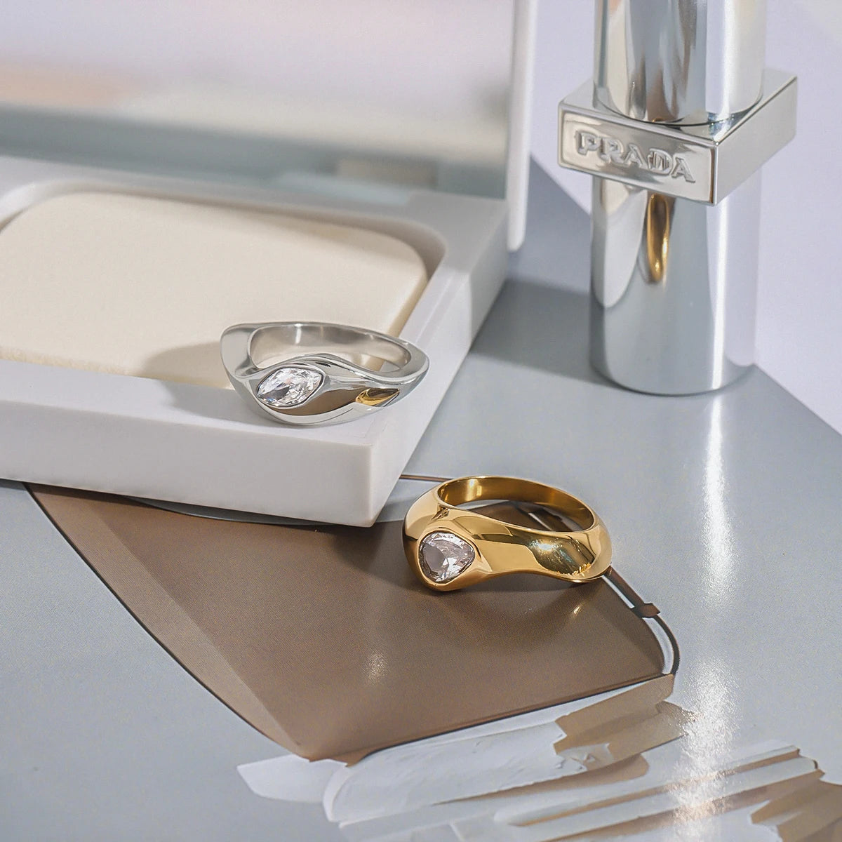 Trendy Stainless Steel Two Color White zircon Double Layers Rings Set