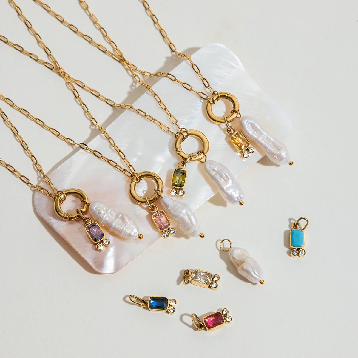 Natural Pearls And Color Zirconia Pendant Necklace