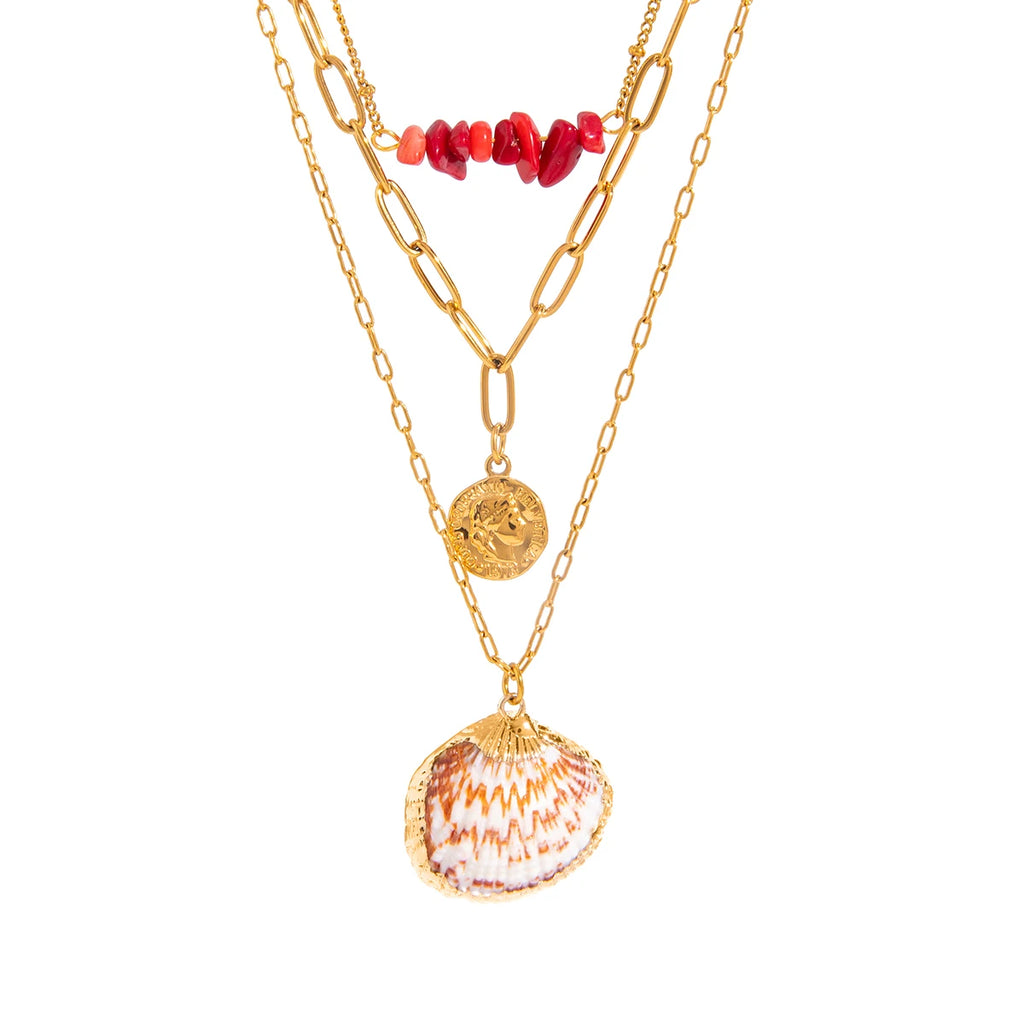 Natural Red Stone Shell Coin Pendant Necklace