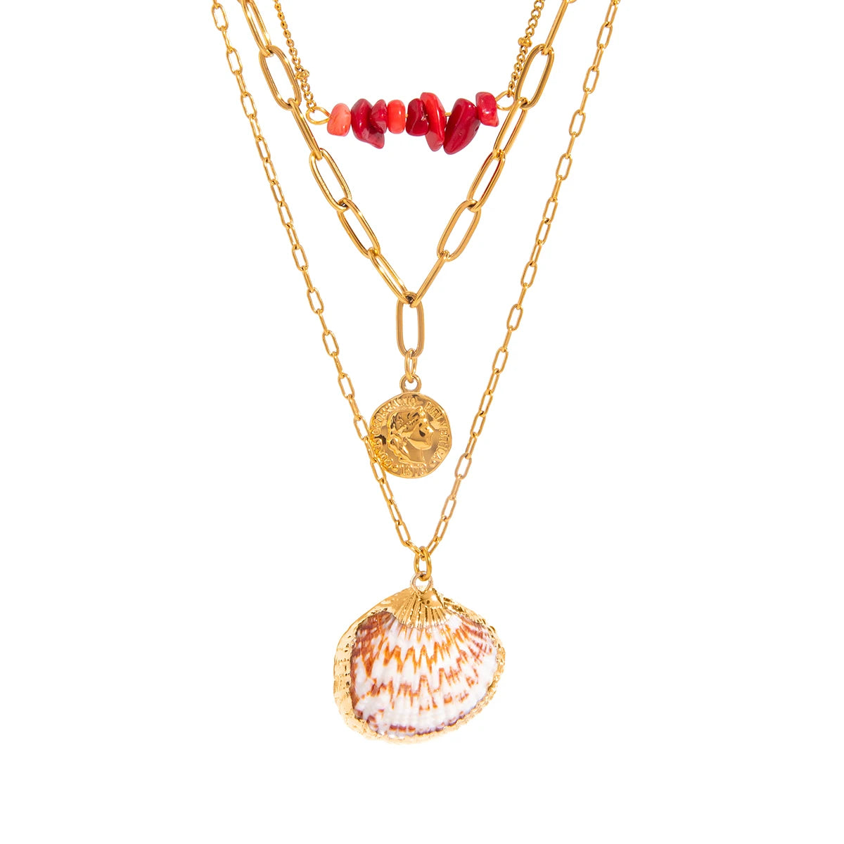 Natural Red Stone Shell Coin Pendant Necklace